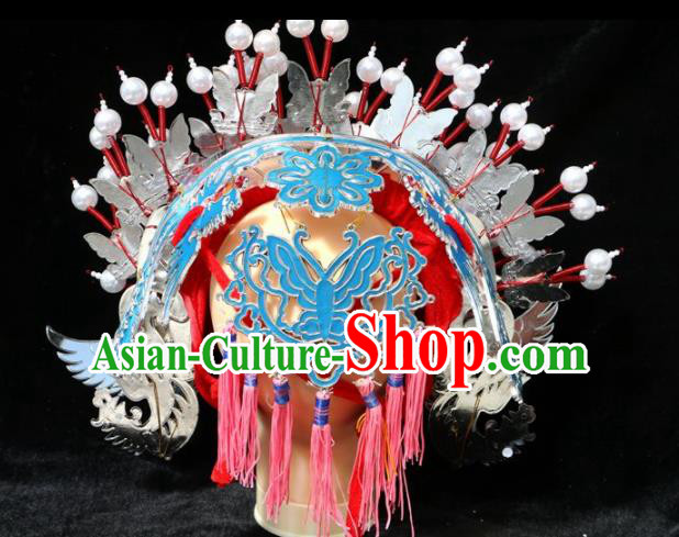 Traditional Chinese Peking Opera Diva Blue Pearls Phoenix Coronet Beijing Opera Princess Hats for Women