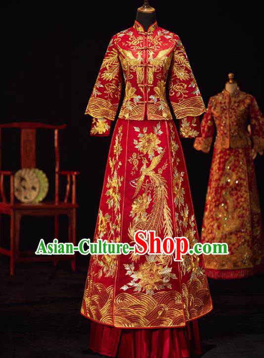 Chinese Traditional Wedding Costumes Ancient Bride Embroidered Phoenix Peony Xiuhe Suits Red Full Dress for Women
