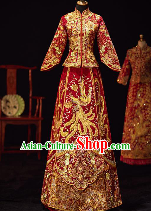 Chinese Traditional Wedding Costumes Ancient Bride Embroidered Phoenix Xiuhe Suits Red Full Dress for Women