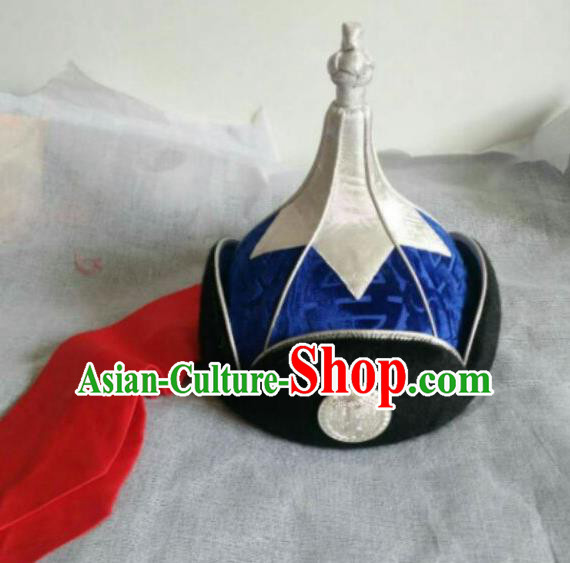 Traditional Chinese Mongol Nationality Folk Dance Hats Mongols Ethnic Royal Highness Blue Hat for Men