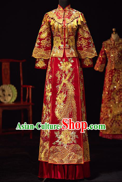 Chinese Traditional Wedding Costumes Ancient Bride Embroidered Diamante Xiuhe Suits Red Full Dress for Women