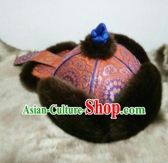Traditional Chinese Mongol Nationality Folk Dance Hats Mongols Ethnic Royal Highness Orange Hat for Men