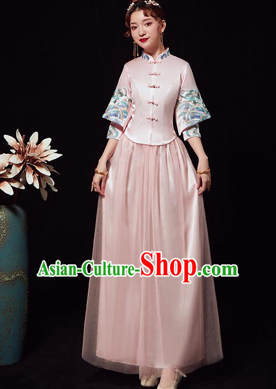 Chinese Traditional Wedding Costumes Ancient Bride Embroidered Pink Xiuhe Suits Full Dress for Women