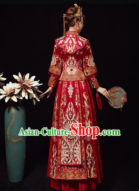 Chinese Traditional Wedding Costumes Ancient Bride Embroidered Red Xiuhe Suits Full Dress for Women
