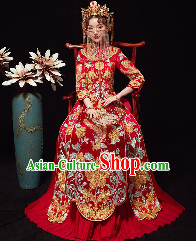 Chinese Traditional Wedding Costumes Ancient Bride Embroidered Xiuhe Suits Red Full Dress for Women