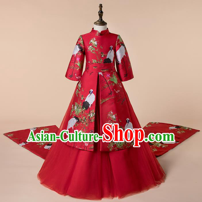 Children Catwalks Costume Chinese Girls Compere Modern Dance Red Cheongsam Full Dress for Kids