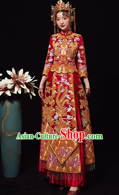 Chinese Traditional Wedding Costumes Xiuhe Suits Ancient Bride Embroidered Red Full Dress for Women