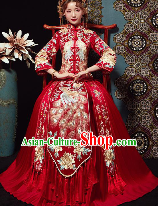 Chinese Traditional Wedding Costumes Embroidered Peacock Xiuhe Suits Ancient Bride Red Full Dress for Women