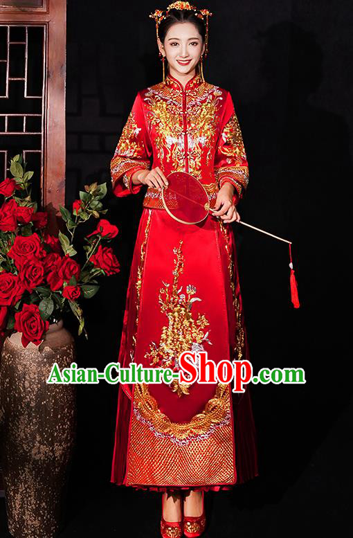 Chinese Traditional Wedding Costumes Bride Embroidered Red Xiuhe Suits Ancient Full Dress for Women