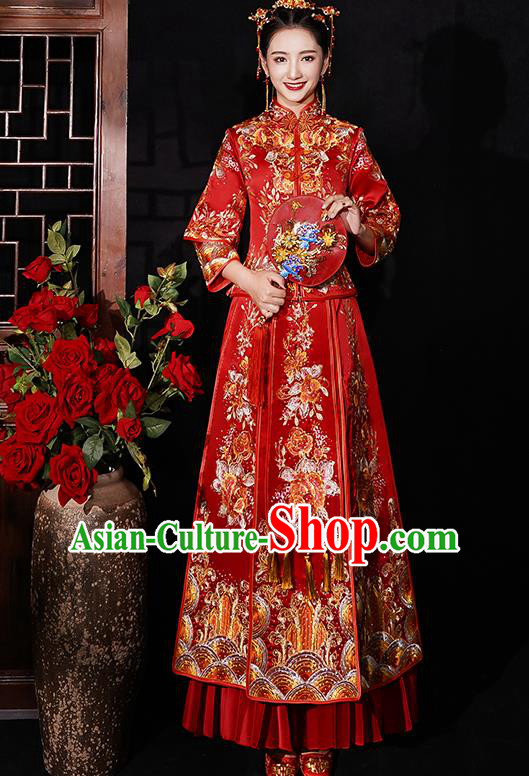 Chinese Traditional Wedding Costumes Bride Embroidered Peony Red Xiuhe Suits Ancient Full Dress for Women