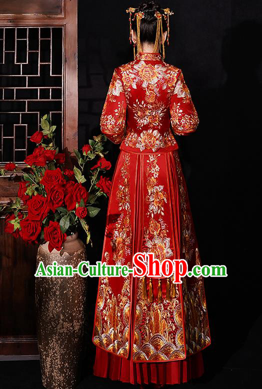 Chinese Traditional Wedding Costumes Bride Embroidered Peony Red Xiuhe Suits Ancient Full Dress for Women