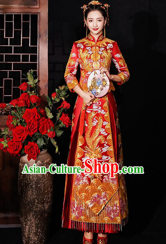 Chinese Traditional Wedding Costumes Bride Embroidered Phoenix Peony Red Xiuhe Suits Ancient Full Dress for Women