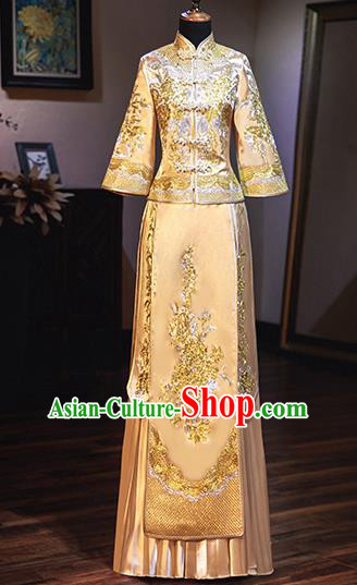 Chinese Traditional Wedding Costumes Bride Embroidered Peony Golden Xiuhe Suits Ancient Full Dress for Women