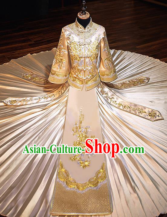 Chinese Traditional Wedding Costumes Bride Embroidered Peony Golden Xiuhe Suits Ancient Full Dress for Women