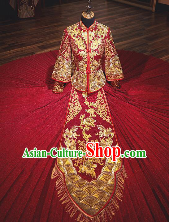 Chinese Traditional Wedding Costumes Bride Embroidered Red Xiuhe Suits Ancient Full Dress for Women