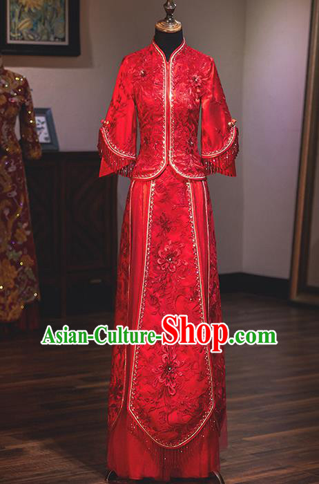 Chinese Traditional Wedding Costumes Bride Embroidered Xiuhe Suits Ancient Toast Red Full Dress for Women