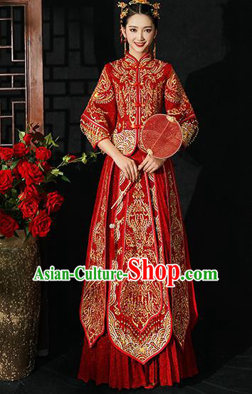 Chinese Traditional Wedding Costumes Bride Xiuhe Suits Ancient Toast Embroidered Red Full Dress for Women