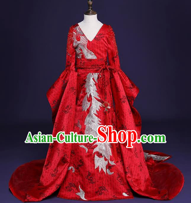 Chinese Children Catwalks Costume Girls Compere Modern Dance Red Trailing Full Dress for Kids