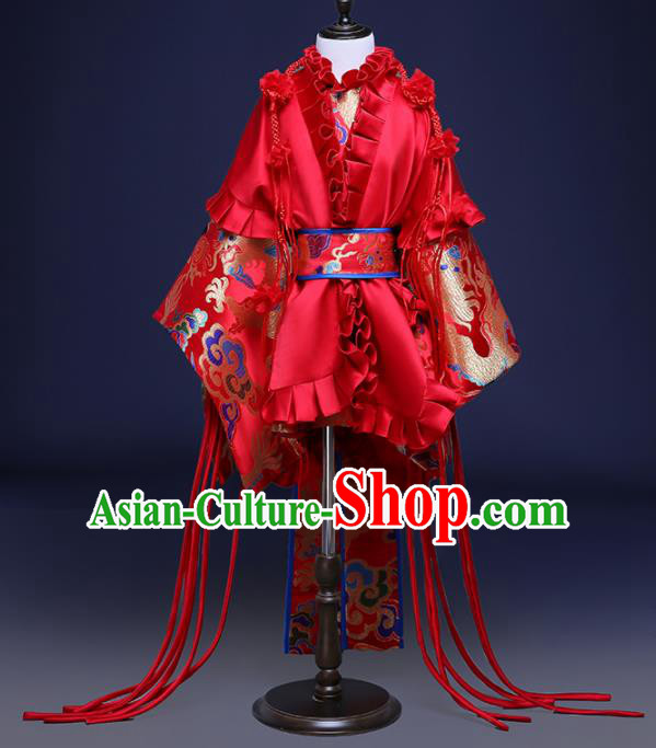 Chinese Children Catwalks Costume Girls Compere Modern Dance Red Full Dress for Kids