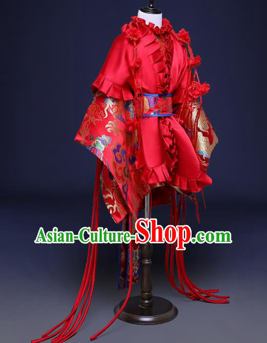 Chinese Children Catwalks Costume Girls Compere Modern Dance Red Full Dress for Kids