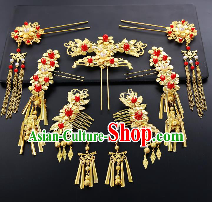 Chinese Ancient Traditional Hanfu Golden Hair Combs Hairpins Handmade Bride Classical Hair Accessories for Women