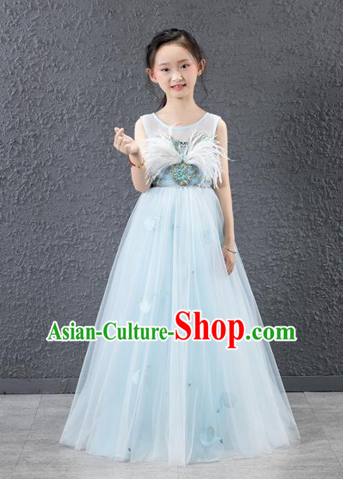 Children Stage Performance Catwalks Costume Compere Princess Blue Veil Full Dress for Girls Kids