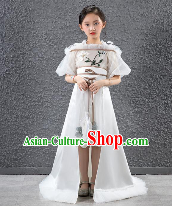 Children Stage Performance Catwalks Costume Compere Princess White Trailing Full Dress for Girls Kids