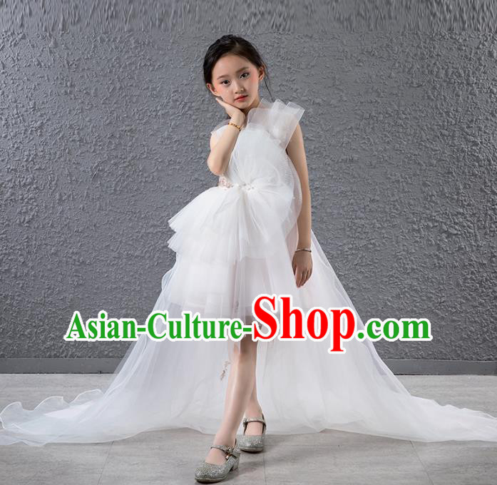 Children Stage Performance Catwalks Costume Compere Princess White Veil Trailing Full Dress for Girls Kids