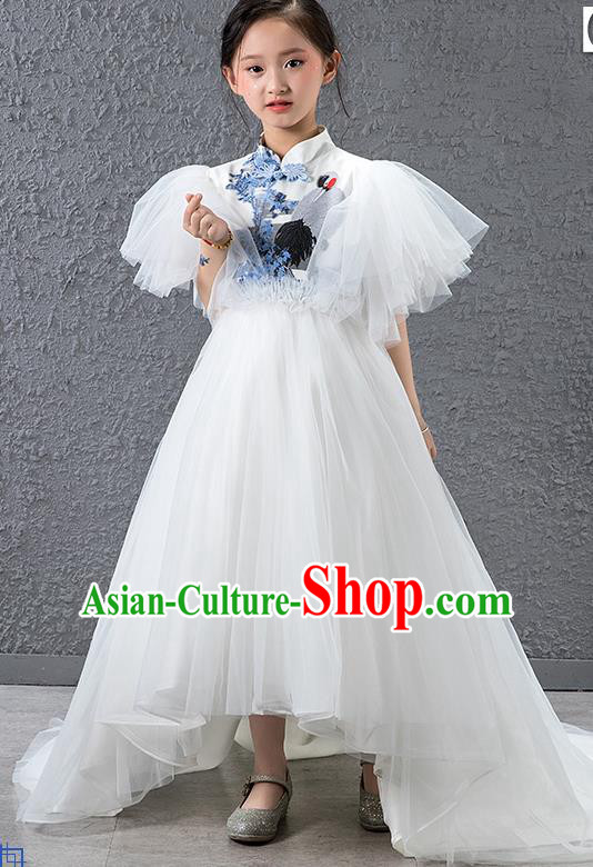 Children Modern Dance Costume Chinese Compere Halloween Catwalks Embroidered White Full Dress for Kids