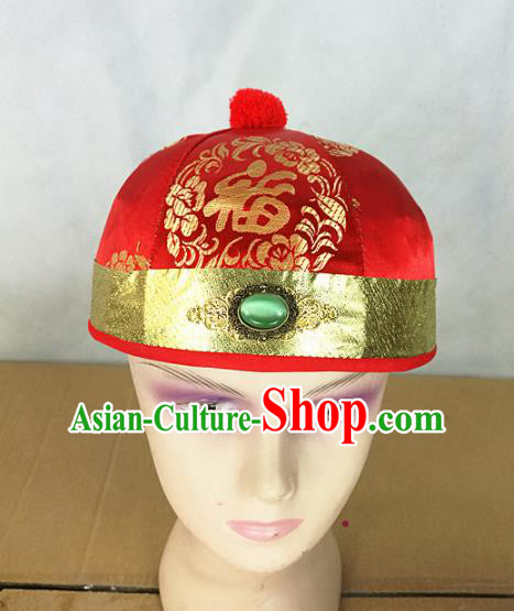 Traditional Chinese Beijing Opera Hat Ancient Qing Dynasty Prince Red Hat for Men