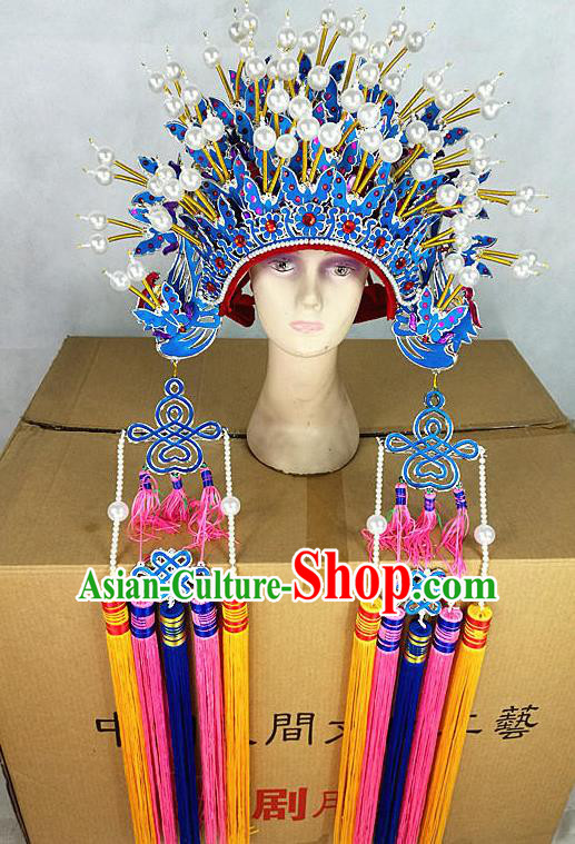 Chinese Traditional Peking Opera Blue Butterfly Phoenix Coronet Beijing Opera Diva Chaplet Hats for Women