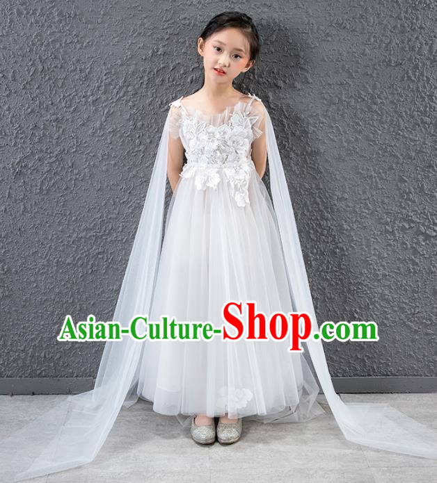 Children Catwalks Stage Performance Costume Compere Princess White Veil Full Dress for Girls Kids