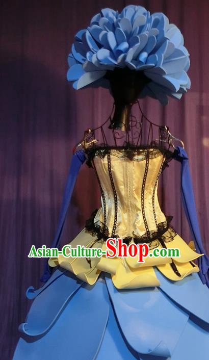 Halloween Cosplay Queen Stage Show Costumes Brazilian Carnival Parade Blue Dress and Headwear for Women