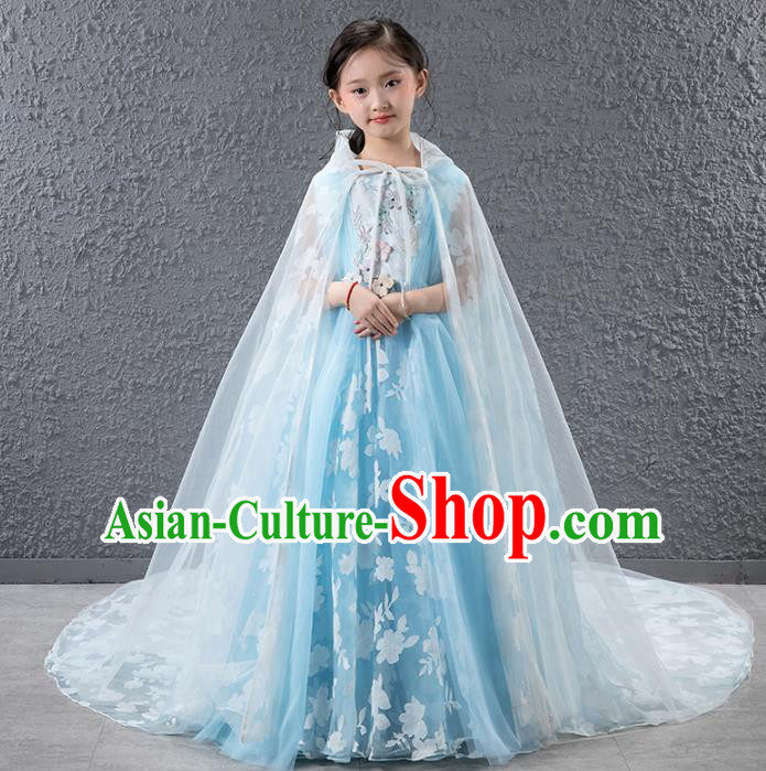 Children Catwalks Princess Costume Compere Stage Performance Blue Trailing Full Dress for Girls Kids
