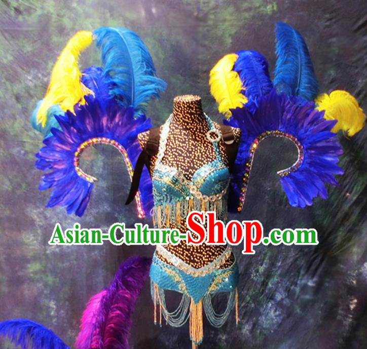 Halloween Stage Show Blue Feather Costumes Brazilian Carnival Parade Swimsuit and Wings for Women