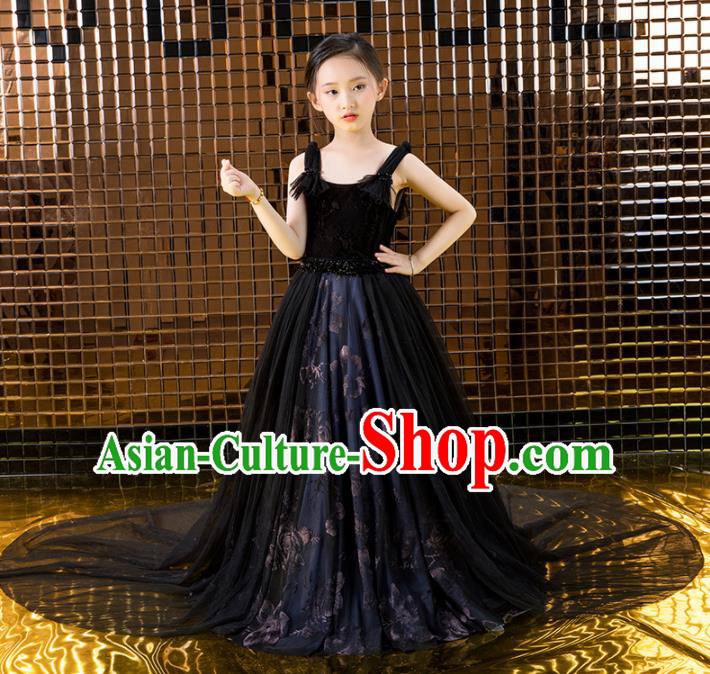 Children Catwalks Princess Costume Compere Stage Performance Black Veil Full Dress for Girls Kids