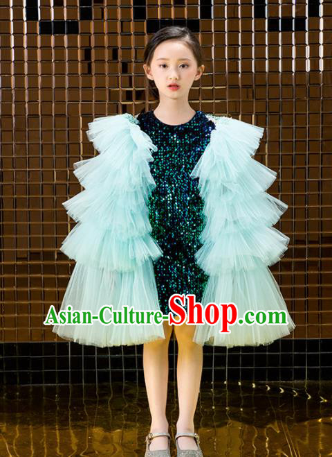 Children Catwalks Costume Stage Performance Compere Green Veil Full Dress for Girls Kids