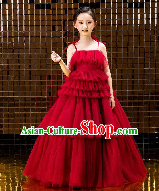 Children Catwalks Costume Stage Performance Compere Modern Dance Red Veil Full Dress for Girls Kids