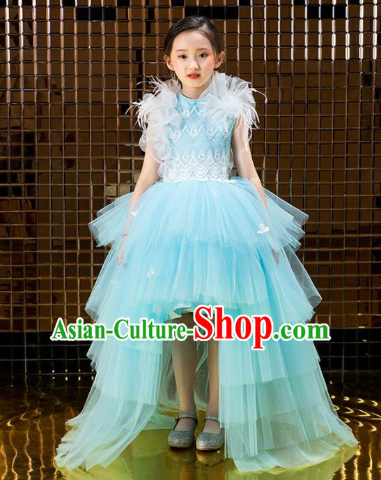 Children Catwalks Costume Stage Performance Compere Modern Dance Blue Veil Trailing Full Dress for Girls Kids