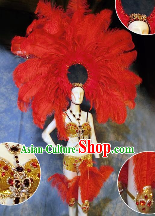 Halloween Catwalks Stage Show Samba Costumes Brazilian Carnival Parade Clothing and Red Feather Headwear for Women
