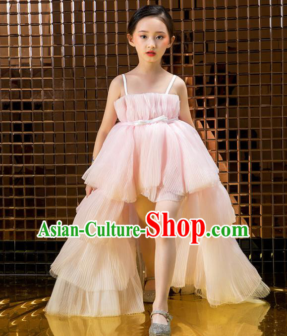 Children Catwalks Costume Stage Performance Compere Modern Dance Pink Veil Trailing Full Dress for Girls Kids