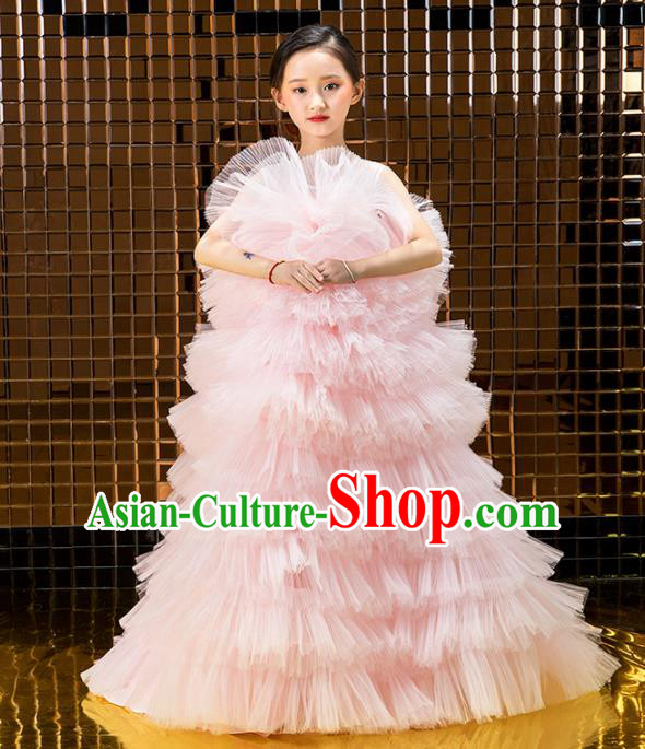 Children Catwalks Princess Costume Stage Performance Compere Modern Dance Pink Veil Full Dress for Girls Kids