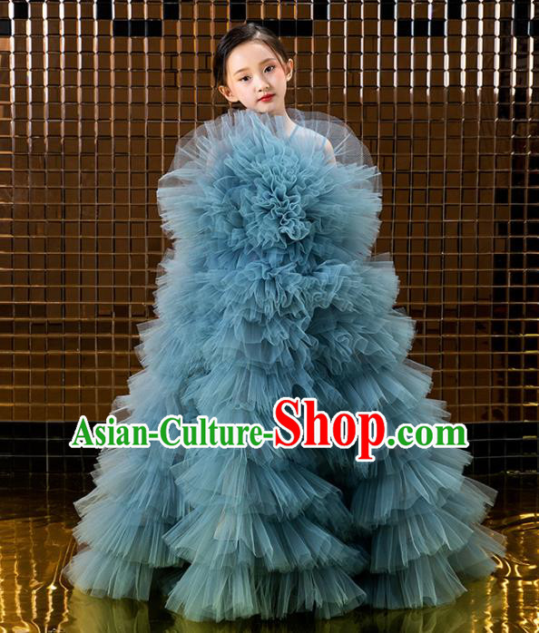 Children Catwalks Princess Costume Compere Modern Dance Blue Veil Full Dress for Girls Kids