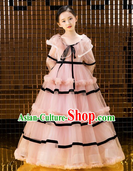 Children Catwalks Princess Costume Compere Modern Dance Pink Veil Full Dress for Girls Kids