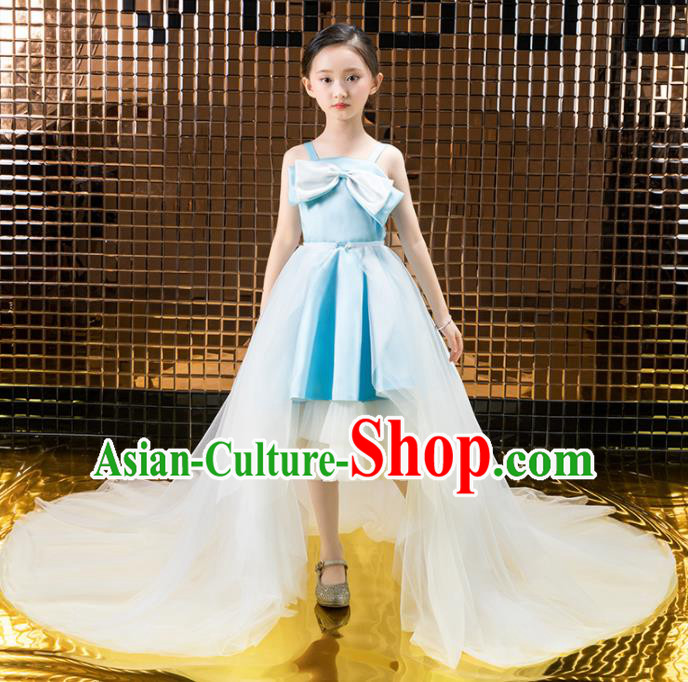 Children Catwalks Costume Girls Compere Modern Dance Princess Blue Full Dress for Kids