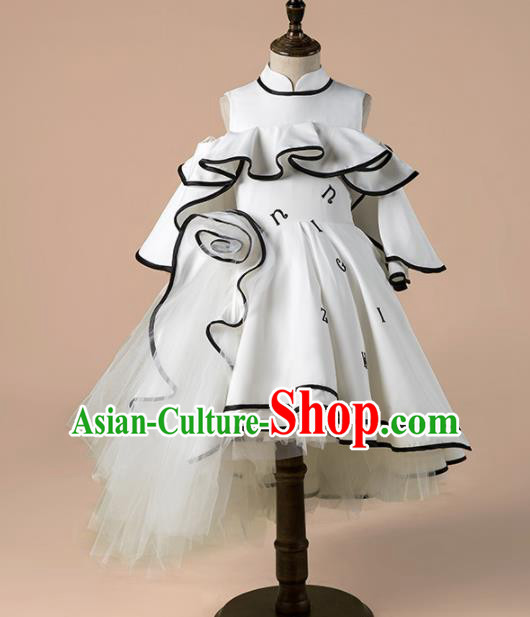 Children Catwalks Costume Girls Compere Modern Dance White Bubble Full Dress for Kids