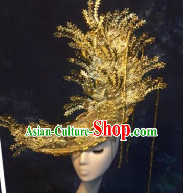 Halloween Cosplay Deluxe Hair Accessories Chinese Traditional Catwalks Golden Hat Headwear for Women