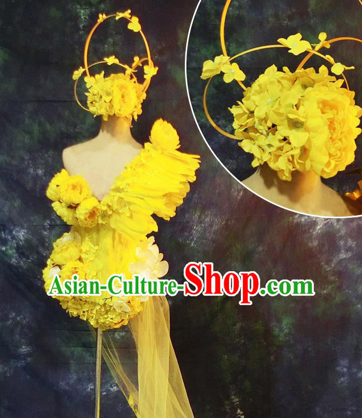 Brazilian Carnival Parade Halloween Clothing Catwalks Stage Show Yellow Flowers Costumes and Headwear for Women