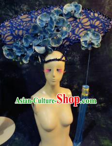 Halloween Cosplay Deluxe Palace Blue Flowers Hair Accessories Chinese Catwalks Hat Headwear for Women