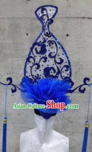 Halloween Cosplay Deluxe Palace Blue Veil Vase Hair Accessories Chinese Catwalks Hat Headwear for Women